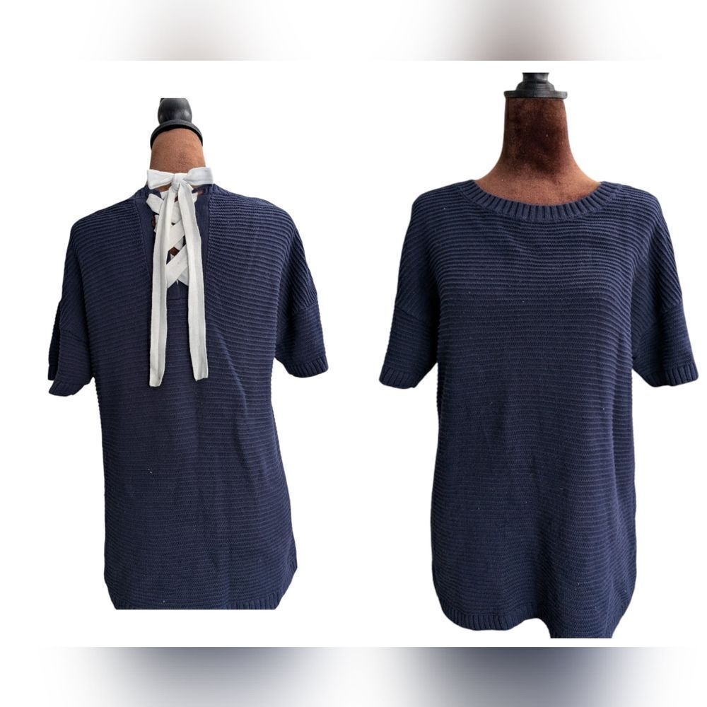 💯 cotton navy knit top with tie bow at the back